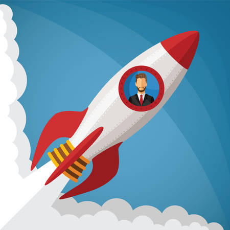 Vector startup business concept with businessman in space rocket windowのイラスト素材