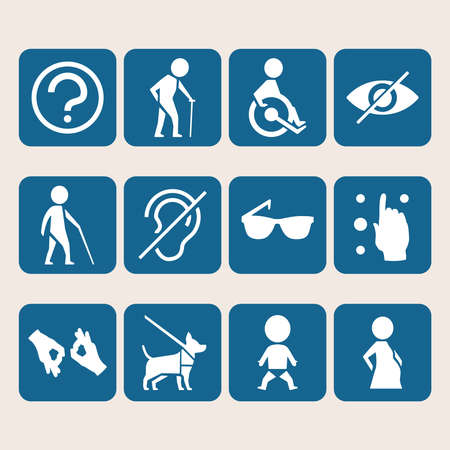 Vector colorful icon set of access signs for physically disabled people like blind deaf mute and wheelchairのイラスト素材
