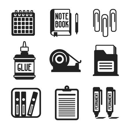 Set of vector monochrome office icons like calendar notebook glue tape marker and folder in flat styleのイラスト素材