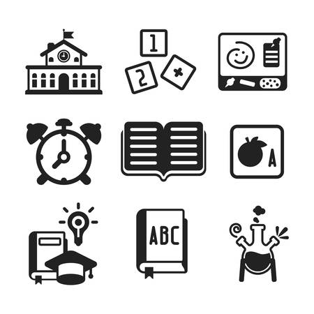 Set of vector monochrome education icons in flat style like school building alphabet cube book alarm clock chemical flask and graduation hatのイラスト素材