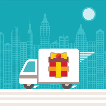 Fast delivery concept with truck riding through cityのイラスト素材