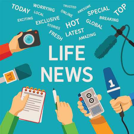 Vector journalism concept with hands holding microphone notepad and dictaphoneのイラスト素材