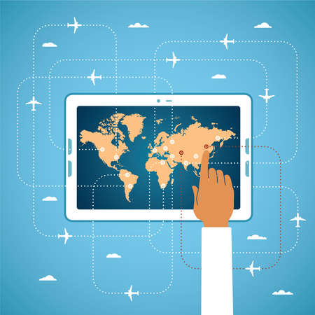 Online air ticket booking and global travel conceptのイラスト素材