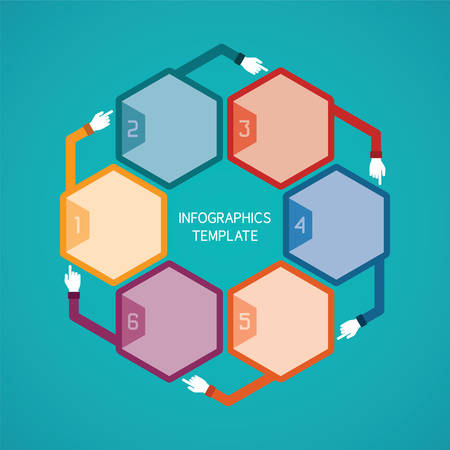 Abstract vector 6 steps infographic template in flat style for layout workflow scheme, numbered options, chart or diagramのイラスト素材