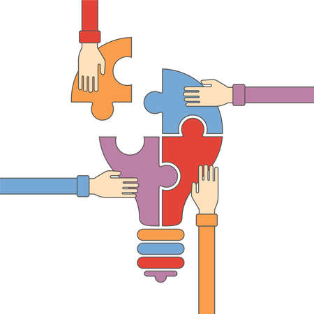 Vector concept of creative teamwork with light bulb puzzle and human hands in flat outline styleのイラスト素材