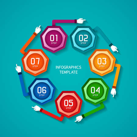 Abstract vector 7 steps infographic template in flat style for layout workflow scheme, numbered options, chart or diagramのイラスト素材