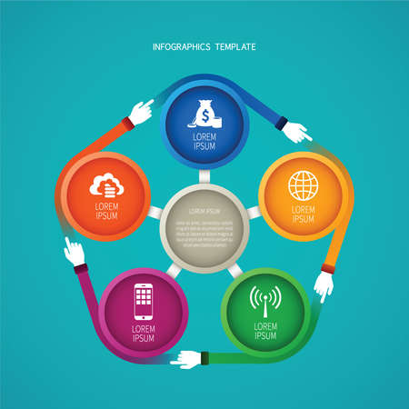 Abstract vector 5 steps infographic template in flat style for layout workflow scheme, numbered options, chart or diagramのイラスト素材