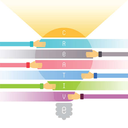 Vector concept of creative teamwork with light bulb puzzle and human handsのイラスト素材