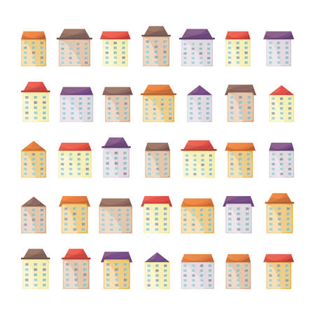 Vector cute buildings and houses set in flat styleのイラスト素材