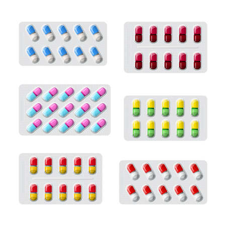 Vector set of various medical pills in packaging flat styleのイラスト素材