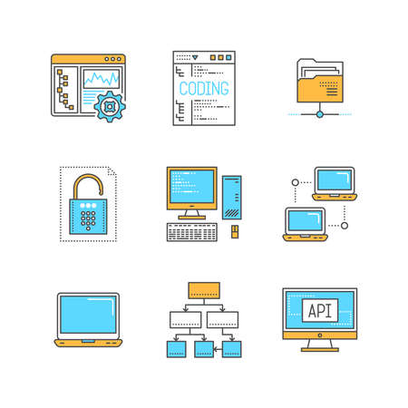 Vector minimal lineart computers and programming iconset. Laptop, network, folder, coding, lock, security, data diagram, monitor, object programming.のイラスト素材