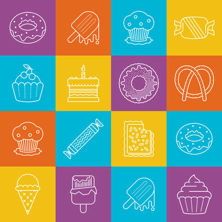 Sweets and icecream lineart minimal vector iconset on multicolor checkered textureのイラスト素材