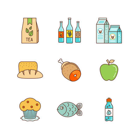 Vector minimal lineart flat food iconset: tea pack, wine, milk, bread, meat, fruits, sweets, fish, water.のイラスト素材
