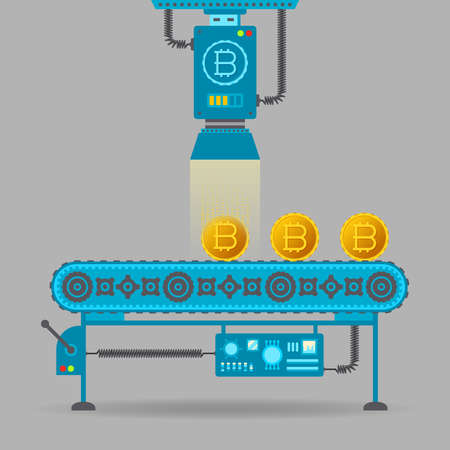 Bitcoin mining vector concept with conveyor in flat styleのイラスト素材