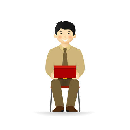 Cheeky man in business suit sitting and holding box.のイラスト素材