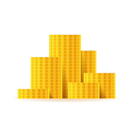Bright golden coin piles and stacks set in flat style.のイラスト素材