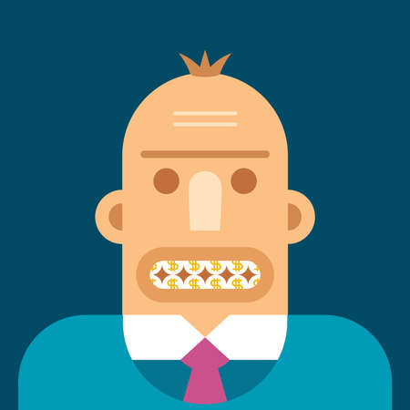 Businessman head with coin like teeth vector concept flat styleのイラスト素材