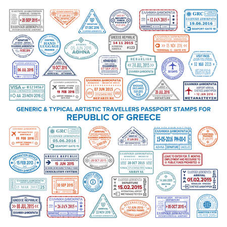 Custom vector typical artistic passport arrival and departure stamps variations set for Greeceのイラスト素材