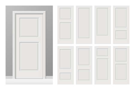 Vector white painted interior wooden doors set in flat style. Realistic proportions, 1:100 scale.のイラスト素材