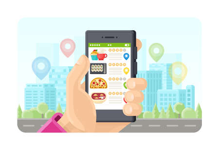 Online meals search phone application concept in flat style.のイラスト素材