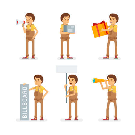 Vector young adult man in worker overalls ready-to-use character marketing and infographic poses set in flat style.のイラスト素材