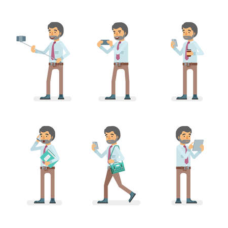 Vector young adult man in office shirt and pants ready-to-use character gadget using poses set in flat style.のイラスト素材