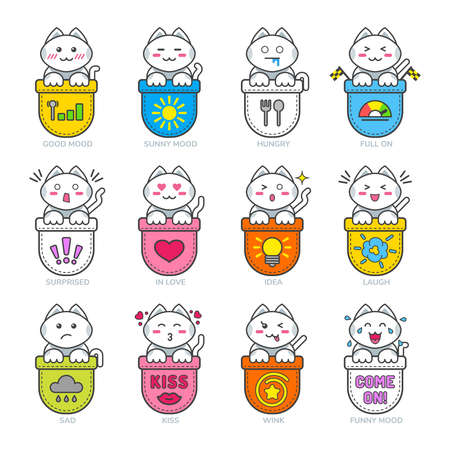Pocket cute cat asian emoji kawaii icon setのイラスト素材