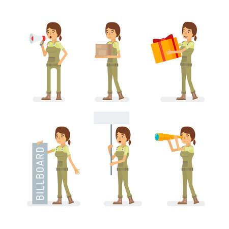 Vector young adult woman in worker overalls ready-to-use character marketing and infographic poses set in flat style.のイラスト素材