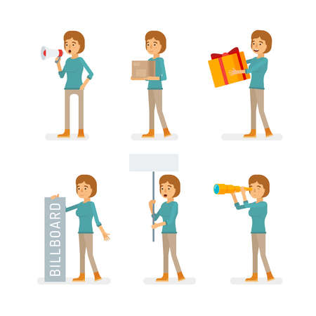 Vector young adult woman in pullover ready-to-use character marketing and infographic poses set in flat style.のイラスト素材