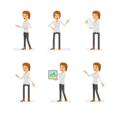 Vector young adult woman in casual clothing ready-to-use character dialogue and presentation poses set in flat style.のイラスト素材