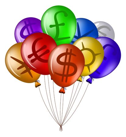 Colorful flying balloons with symbols of foreign currency. Vectorのイラスト素材