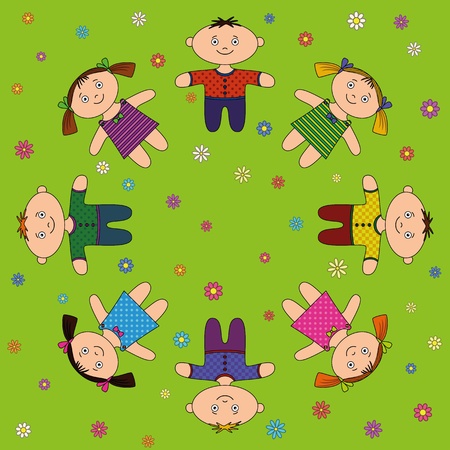 Children boys and girls resting, lying on flower green meadow. Vectorのイラスト素材