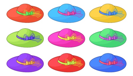 Female hats of different colors with the beautiful bows and tapes, complete set. のイラスト素材