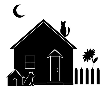 House with dog kennel and kitchen garden, silhouette. のイラスト素材