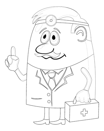 Doctor, cartoon character, man in uniform with first-aid kit and head mirror, contour  Vectorのイラスト素材