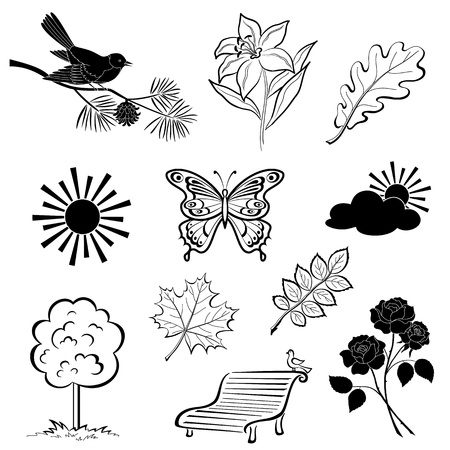 Set of various summer nature objects, black silhouettes isolated on white background  Vectorのイラスト素材