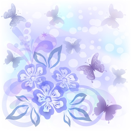 Abstract background with symbolical flowers, butterflies and figures, contains transparenciesのイラスト素材