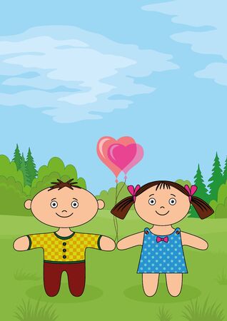 Children on forest glade, little boy and girl, dolls standing on green meadow with valentine heart balloons  のイラスト素材