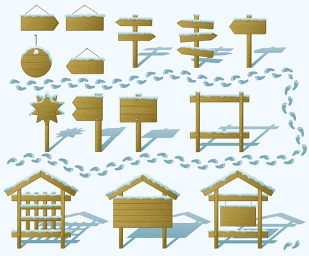 Set of wood board billboards and signs under winter snow  のイラスト素材