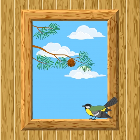 Background with wood wall and window with view of blue sky, clouds, pine branches and bird titmouse  Vectorのイラスト素材
