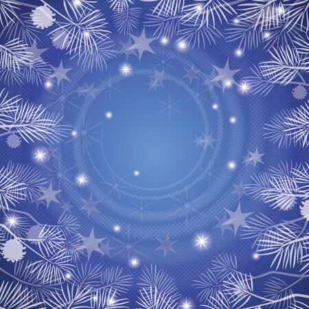 Abstract blue background for holiday design with stars, pine branches and helix  のイラスト素材