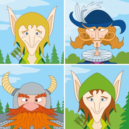 Avatar faces of fantasy brave heroes  two elves, dwarf and noble man, funny comic cartoon user iconsのイラスト素材