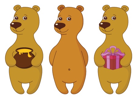 Teddy bear set, cute little toy, standing and smiling, isolated  Various simple, with gift box and honey pot  のイラスト素材