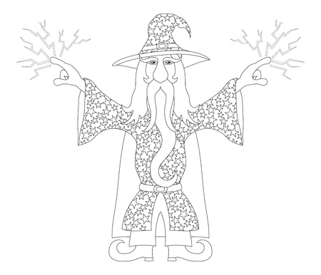 Wizard in starred costume standing with hands up and launches lightning, cartoon character, contour  Vectorのイラスト素材