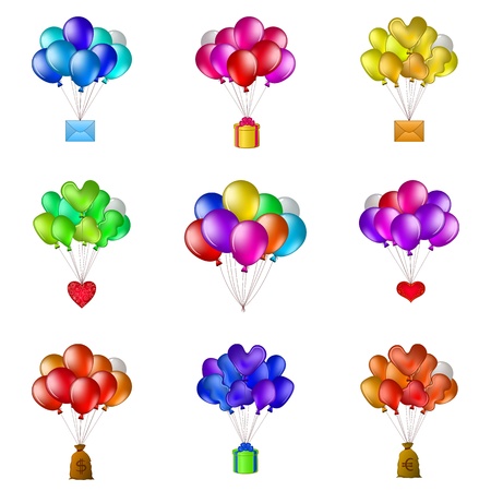 Set of balloons, colorful bunches flying with various objects  holiday mail, gift box, valentine heart, bag of money  Vectorのイラスト素材