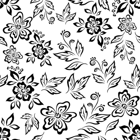 Seamless floral background, symbolical flowers and leaves, black contours on white  のイラスト素材