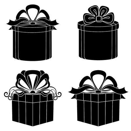 Set of gift boxes square and round forms with bows, black silhouettes isolated on whiteのイラスト素材