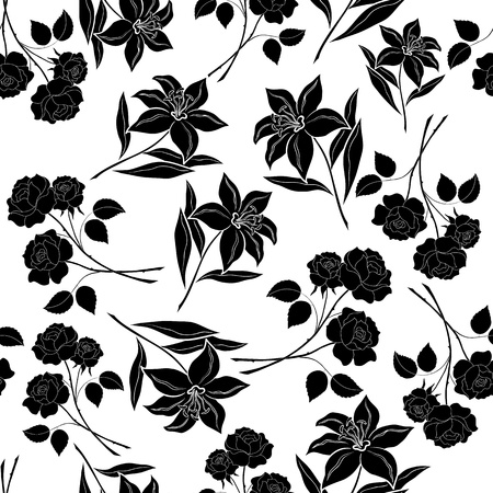 Seamless floral background, flowers rose and lily, black silhouettes on white  のイラスト素材