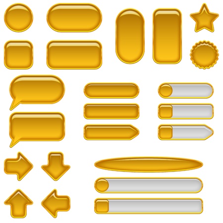 Set of glass gold buttons and sliders, computer icons of different forms for web designsのイラスト素材