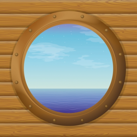 Sea and blue sky in a bronze ship window - porthole on a wooden wall  contains transparencies のイラスト素材
